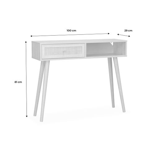 Console En Cannage 100x29x81cm - Bohème - Noir. 1 Tiroir.1 Espace De Rangement. Pieds