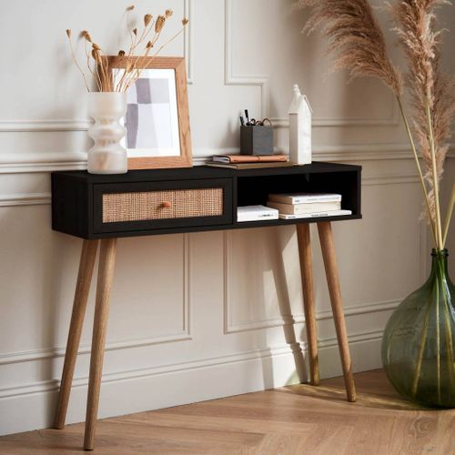 Console En Cannage 100x29x81cm - Bohème - Noir. 1 Tiroir.1 Espace De Rangement. Pieds