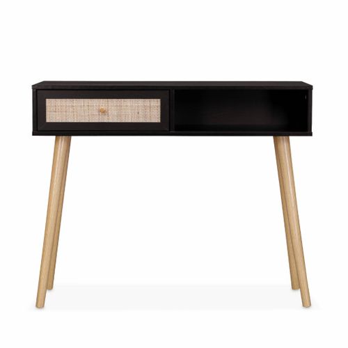 Console En Cannage 100x29x81cm - Bohème - Noir. 1 Tiroir.1 Espace De Rangement. Pieds