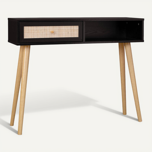 Console En Cannage 100x29x81cm - Bohème - Noir. 1 Tiroir.1 Espace De Rangement. Pieds