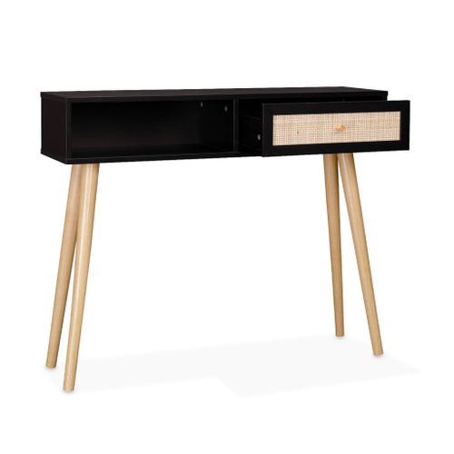 Console En Cannage 100x29x81cm - Bohème - Noir. 1 Tiroir.1 Espace De Rangement. Pieds