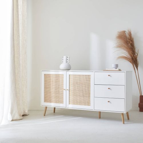 Buffet De Rangement Blanc En Cannage 2 Portes 3 Tiroirs. Buffet Bas ...