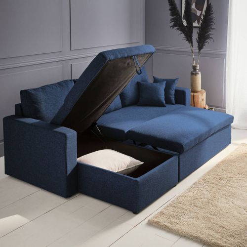 Canapé D'angle Convertible En Tissu Bleu - Ida - 3 Places. Fauteuil D'angle Réversible Coffre