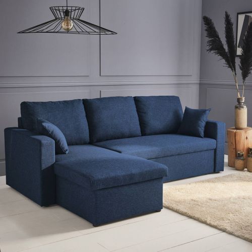 Canapé D'angle Convertible En Tissu Bleu - Ida - 3 Places. Fauteuil D'angle Réversible Coffre