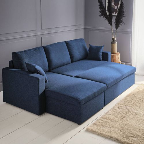 Canapé D'angle Convertible En Tissu Bleu - Ida - 3 Places. Fauteuil D'angle Réversible Coffre