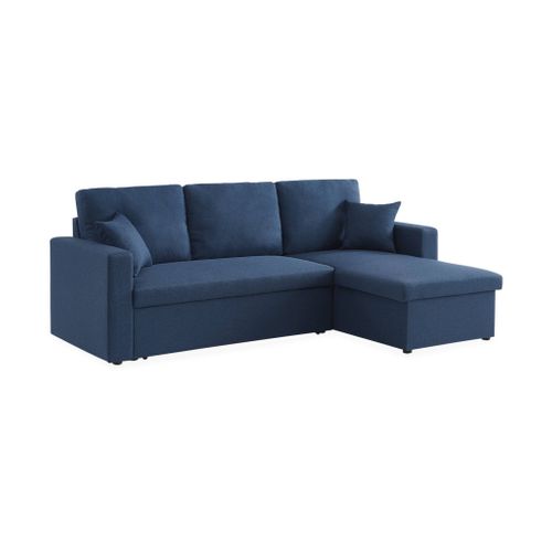 Canapé D'angle Convertible En Tissu Bleu - Ida - 3 Places. Fauteuil D'angle Réversible Coffre