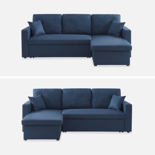 Canapé D'angle Convertible En Tissu Bleu - Ida - 3 Places. Fauteuil D'angle Réversible Coffre