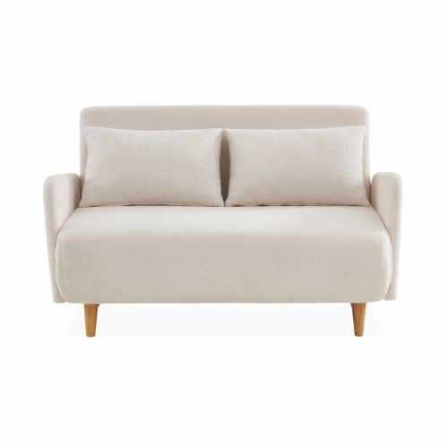 Canapé Convertible 2 Places Scandinave - Panam - Pieds Bois. Bouclettes Crème. Banquette. Dossier