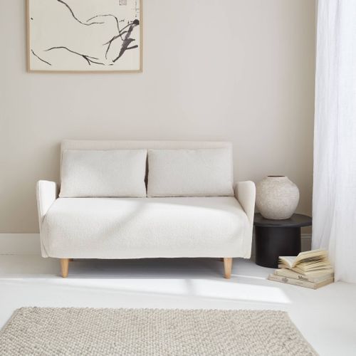 Canapé Convertible 2 Places Scandinave - Panam - Pieds Bois. Bouclettes Crème. Banquette. Dossier