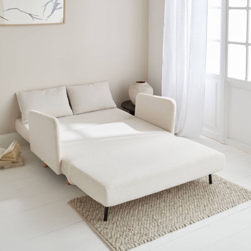 Canapé Convertible 2 Places Scandinave - Panam - Pieds Bois. Bouclettes Crème. Banquette. Dossier