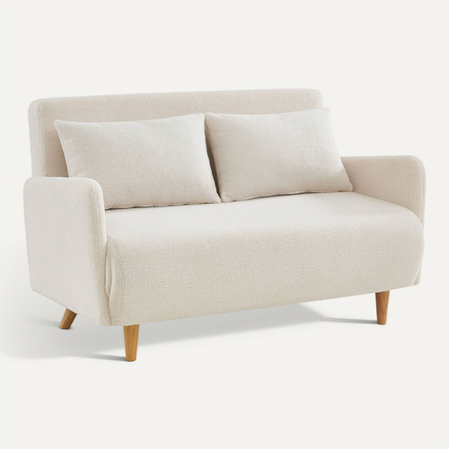 Canapé Convertible 2 Places Scandinave - Panam - Pieds Bois. Bouclettes Crème. Banquette. Dossier