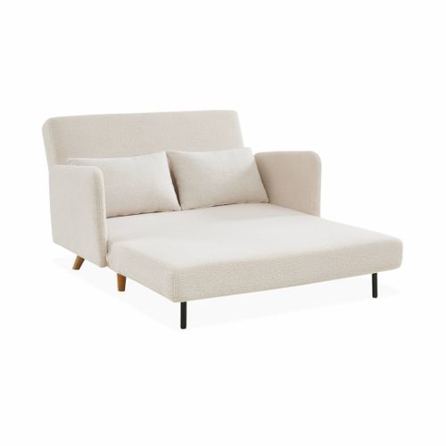 Canapé Convertible 2 Places Scandinave - Panam - Pieds Bois. Bouclettes Crème. Banquette. Dossier