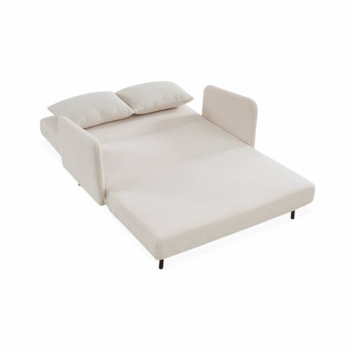 Canapé Convertible 2 Places Scandinave - Panam - Pieds Bois. Bouclettes Crème. Banquette. Dossier