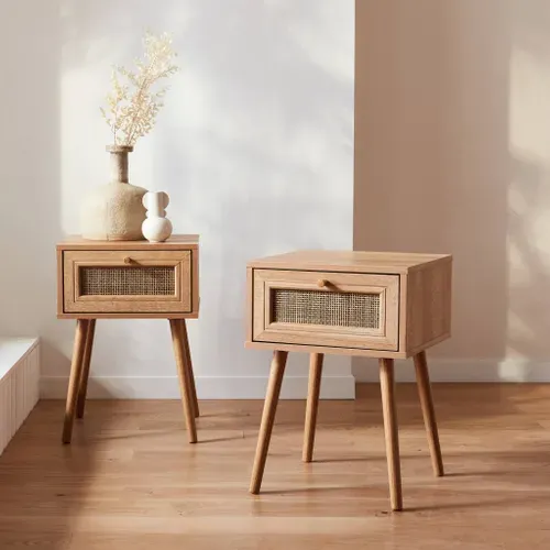 Lot De 2 Tables De Chevet Décor Bois et Cannage Avec 1 Tiroir - Bohème