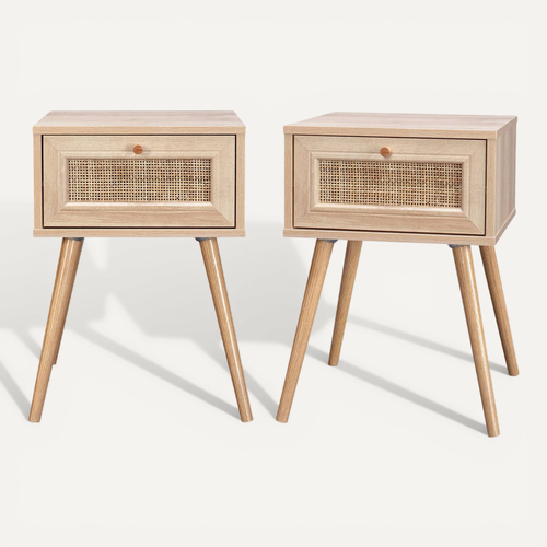 Lot De 2 Tables De Chevet Décor Bois et Cannage Avec 1 Tiroir - Bohème