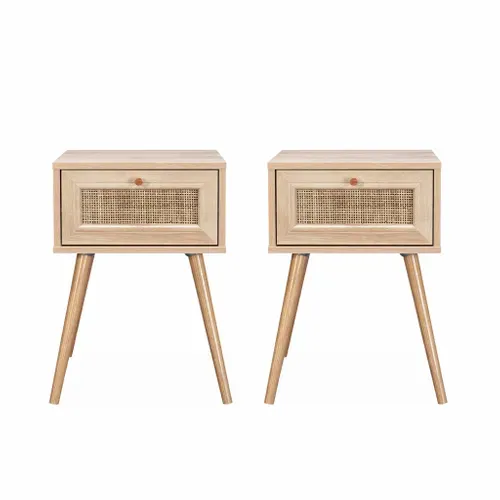 Lot De 2 Tables De Chevet Décor Bois et Cannage Avec 1 Tiroir - Bohème