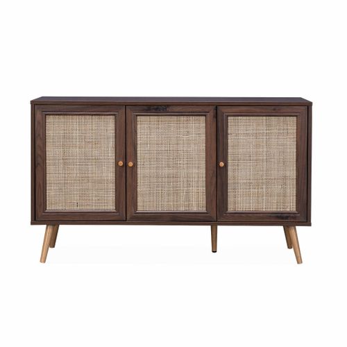 Buffet De Salon En Cannage 120 X 76 X 40 Cm - Style Bohème - 3 Portes, 2 Niveaux - Rangement élégant Pour Salle à Manger, Entrée - 6