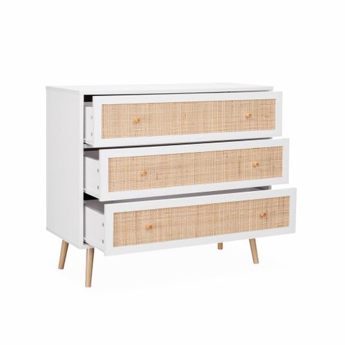 Commode En Décor Bois Blanc Et Cannage 90x39x79cm - Bohème - 3 Tiroirs