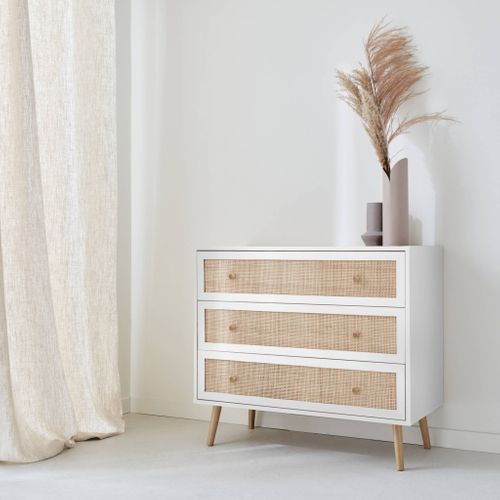 Commode En Décor Bois Blanc Et Cannage 90x39x79cm - Bohème - 3 Tiroirs