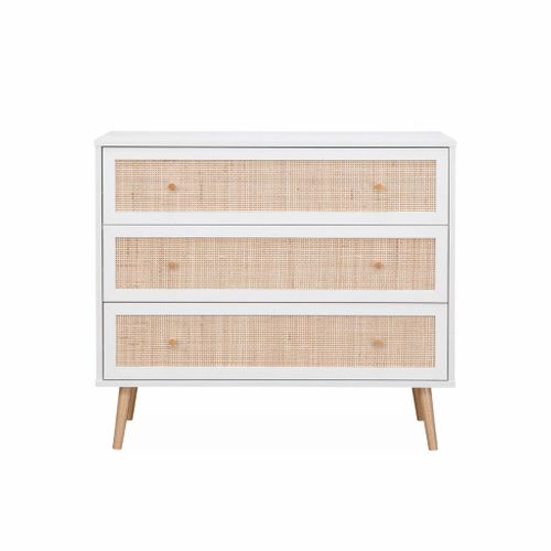 Commode En Décor Bois Blanc Et Cannage 90x39x79cm - Bohème - 3 Tiroirs