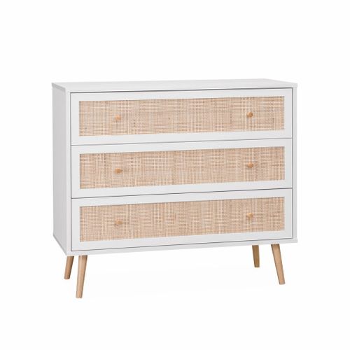 Commode En Décor Bois Blanc Et Cannage 90x39x79cm - Bohème - 3 Tiroirs
