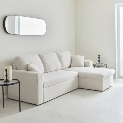 Canapé D'angle Convertible En Tissu Bouclettes Crème - Ida - 3 Places. Fauteuil D'angle Réversible