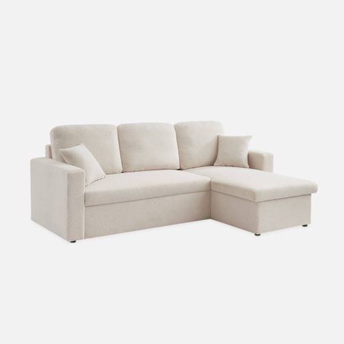 Canapé D'angle Convertible En Tissu Bouclettes Crème - Ida - 3 Places. Fauteuil D'angle Réversible