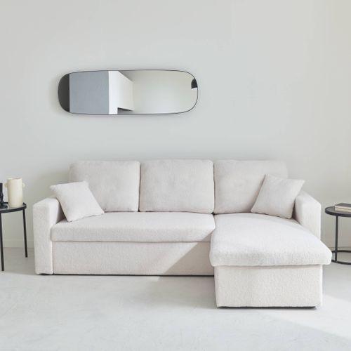 Canapé D'angle Convertible En Tissu Bouclettes Crème - Ida - 3 Places. Fauteuil D'angle Réversible