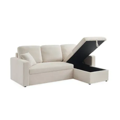 Canapé D'angle Convertible En Tissu Bouclettes Crème - Ida - 3 Places. Fauteuil D'angle Réversible