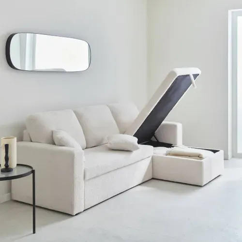 Canapé D'angle Convertible En Tissu Bouclettes Crème - Ida - 3 Places. Fauteuil D'angle Réversible