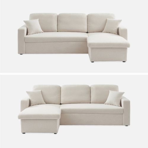Canapé D'angle Convertible En Tissu Bouclettes Crème - Ida - 3 Places. Fauteuil D'angle Réversible