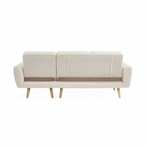 Canapé D'angle Convertible Réversible 3 Places. Tissu Bouclettes Crème. Pieds Bois