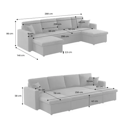 Canapé Panoramique Convertible En Tissu Gris Clair. 4 Places. Coffre Rangement. Lit Modulable