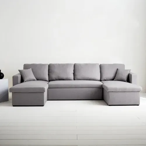 Canapé Panoramique Convertible En Tissu Gris Clair. 4 Places. Coffre Rangement. Lit Modulable