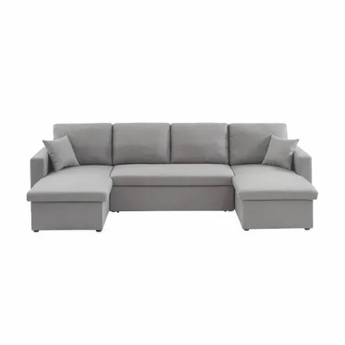 Canapé Panoramique Convertible En Tissu Gris Clair. 4 Places. Coffre Rangement. Lit Modulable