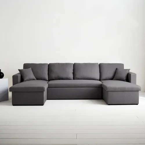 Canapé Panoramique Convertible En Tissu Gris Foncé. 4 Places. Coffre Rangement. Lit Modulable