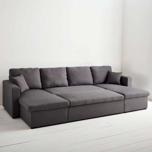 Canapé Panoramique Convertible En Tissu Gris Foncé. 4 Places. Coffre Rangement. Lit Modulable
