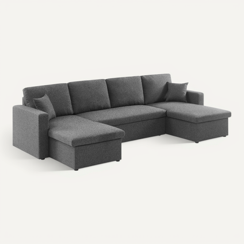 Canapé Panoramique Convertible En Tissu Gris Foncé. 4 Places. Coffre Rangement. Lit Modulable