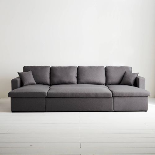 Canapé Panoramique Convertible En Tissu Gris Foncé. 4 Places. Coffre Rangement. Lit Modulable