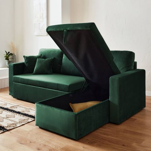 Canapé D'angle Convertible En Velours Vert Anglais 3 Places. Fauteuil D'angle Réversible Coffre