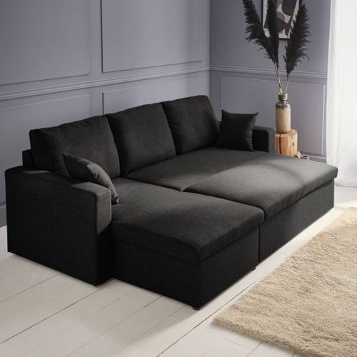 Canapé D'angle Convertible En Tissu Noir - Ida - 3 Places. Fauteuil D'angle Réversible Coffre