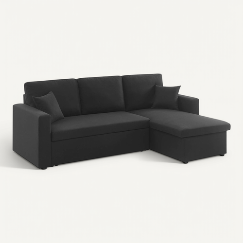 Canapé D'angle Convertible En Tissu Noir - Ida - 3 Places. Fauteuil D'angle Réversible Coffre