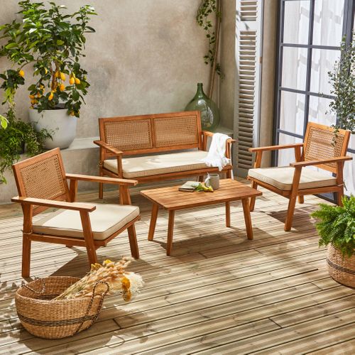 Salon De Jardin. Bohémia. Cannage Rond. Canapé 2 Places. 2 Fauteuils. 1 Table Basse 117x64x74 Cm