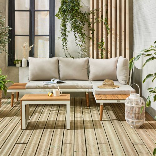 Salon De Jardin Beige Blanc Modulable En Aluminium Et Bois D'acacia 4 Places Sao Paulo