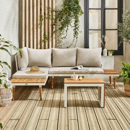 Salon De Jardin Beige Blanc Modulable En Aluminium Et Bois D'acacia 4 Places Sao Paulo