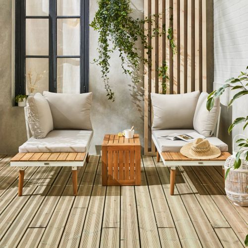 Salon De Jardin Beige Blanc Modulable En Aluminium Et Bois D'acacia 4 Places Sao Paulo