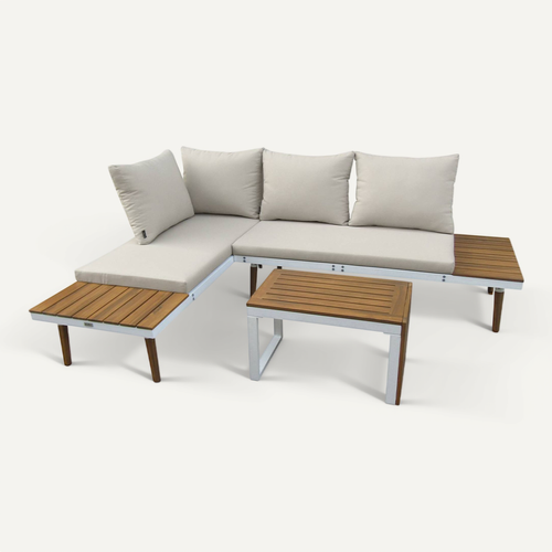 Salon De Jardin Beige Blanc Modulable En Aluminium Et Bois D'acacia 4 Places Sao Paulo