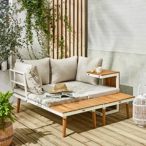 Salon De Jardin Beige Blanc Modulable En Aluminium Et Bois D'acacia 4 Places Sao Paulo