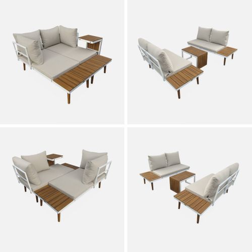 Salon De Jardin Beige Blanc Modulable En Aluminium Et Bois D'acacia 4 Places Sao Paulo