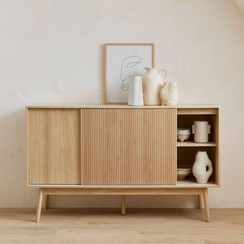 Buffet Rangement Linear Bois Naturel - 150 X 39,5 X 90 Cm - 2 Portes Coulissantes, 2 étagères - Style Scandinave